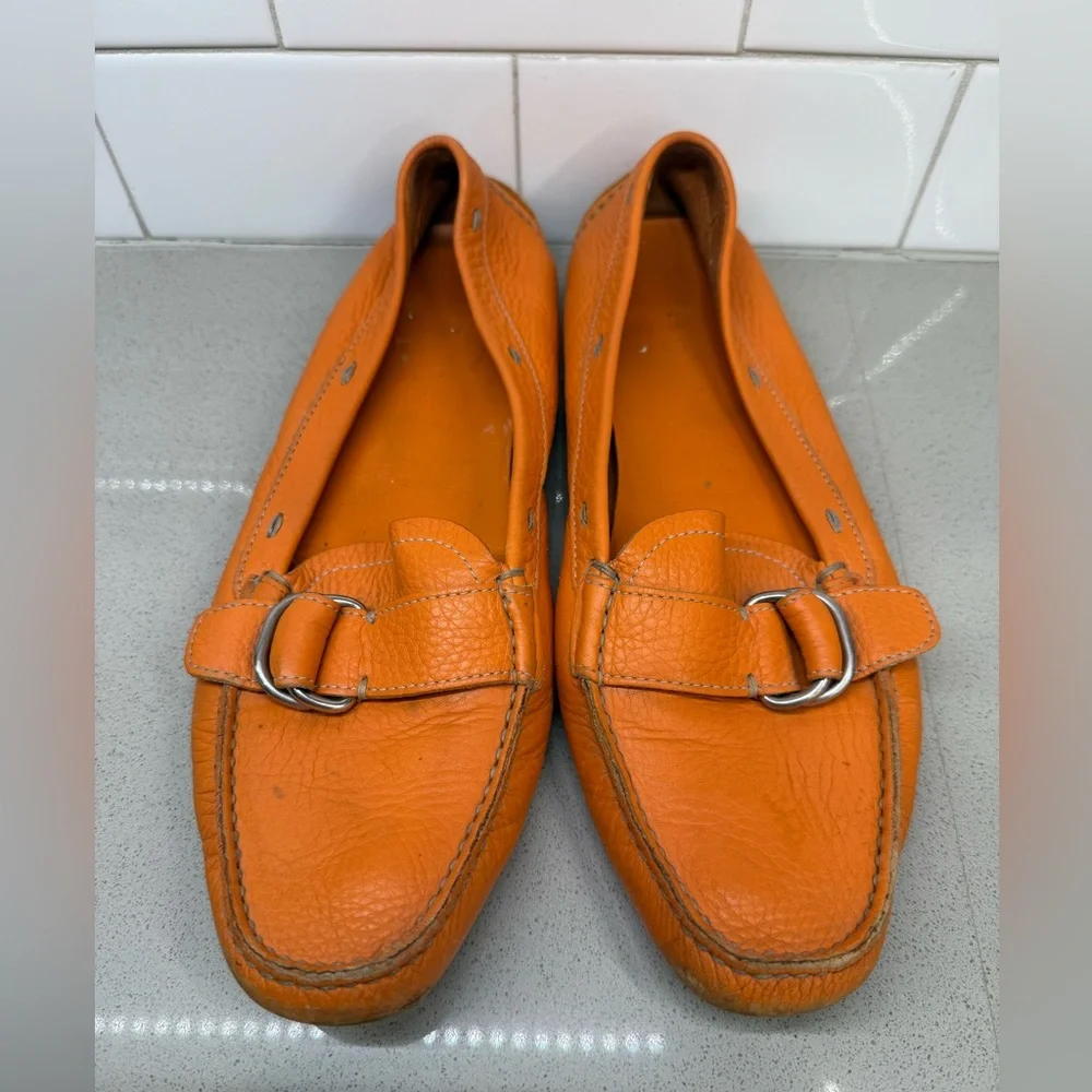 Prada Orange Leather Driving Loafers with Buckle Detail